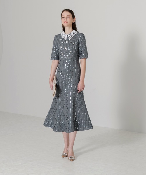 新品✨Leja レース花柄レイヤード配色フレアバックリボンロング