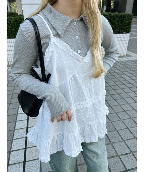 コットンレースフリルキャミワンピース Chico ワンピース 「WEB限定追加」肩リボンコットンレースフリル