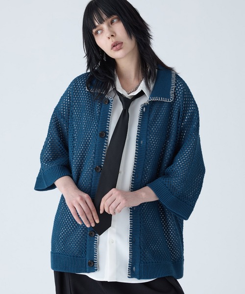 VELNUS】Watermark knitting loose short sleeve lame summer