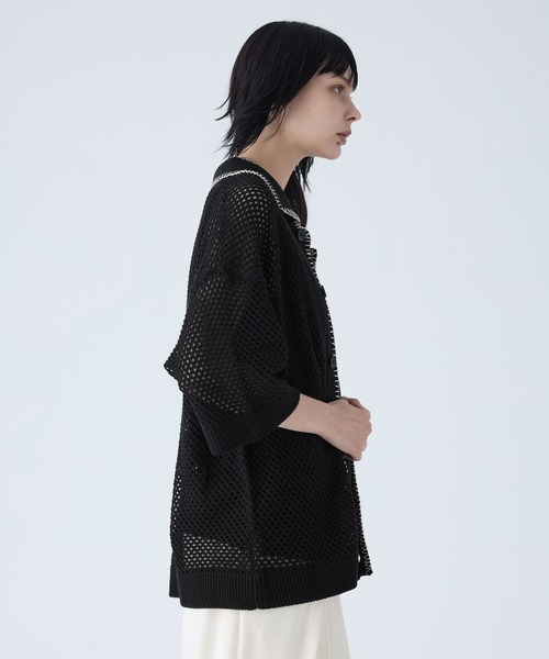 VELNUS 透かし編みルーズ半袖ステッチサマーカーディガン VELNUS】Watermark knitting loose short sleeve stitch summer