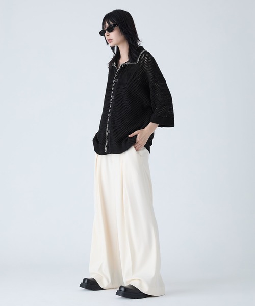 VELNUS 透かし編みルーズ半袖ステッチサマーカーディガン VELNUS】Watermark knitting loose short sleeve stitch summer