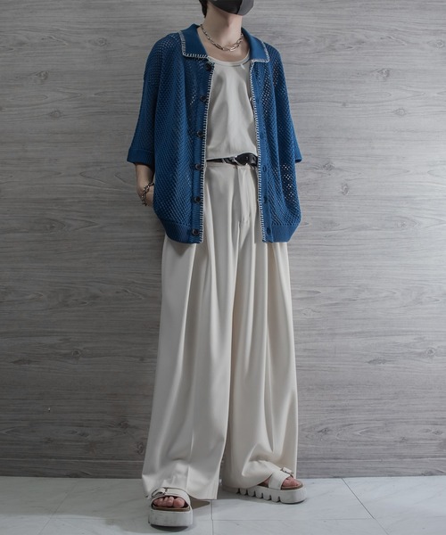 VELNUS 透かし編みルーズ半袖ステッチサマーカーディガン VELNUS】Watermark knitting loose short sleeve stitch summer