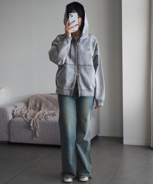 CLEL | 【CLEL】Heavy Weight Logo Embroidered Full-Zip Hoodie