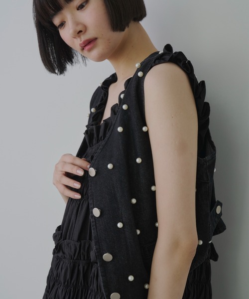 perna パール装飾デニムベスト PERNA ベスト ジレ パールデニムベスト レディース : ZOZOTOWN