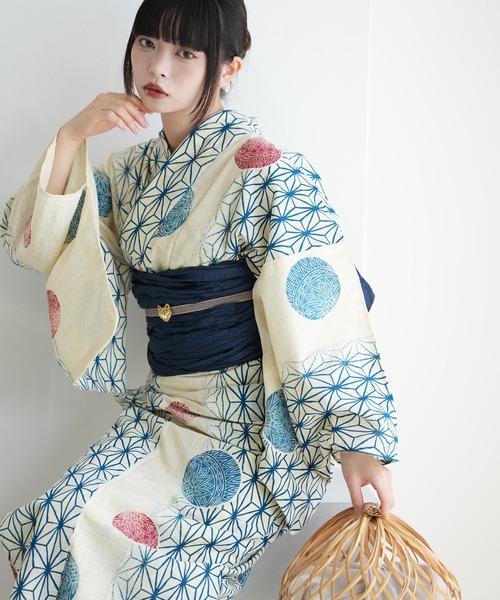 UTATANE | 浴衣3点セット 綿麻 紺色の麻の葉と鞠 - Buyee, an Online