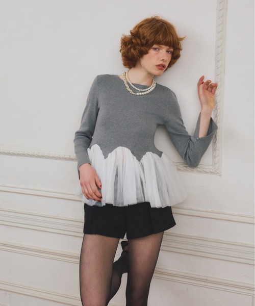 EIMY ISTOIRE | 【PRE ORDER】チュールペプラムニットプルオーバー