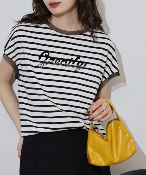 EGLANTINE EGLANTINE ビーズロゴ フレンチスリーブカットソー