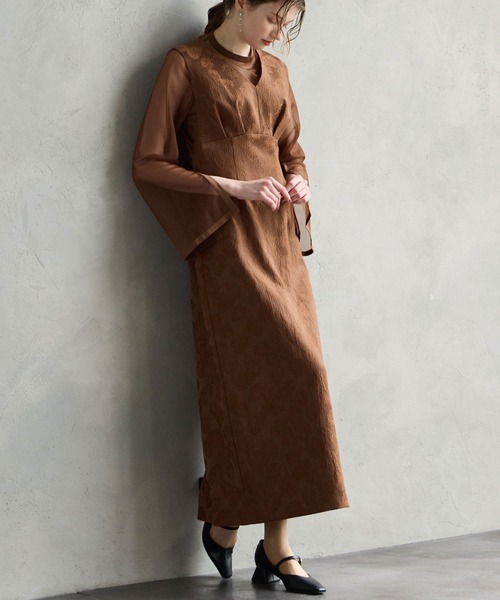 チュールブラウス付Vネックジャカードタイトパーティードレス　結婚式　お呼ばれ AIMER ドレス チュールブラウス付きジャカードIラインパーティー