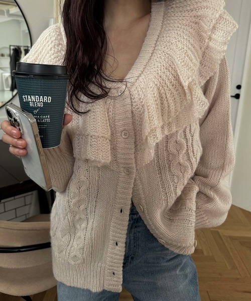 WILLFULLY | shoulder frill cable knit cardigan - Buyee, an Online