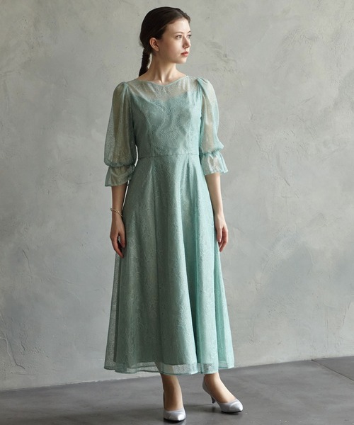 【美品】AIMER グリッター レース付き パーティードレス AIMER ドレス グリッターレース袖付きフィット＆フレア