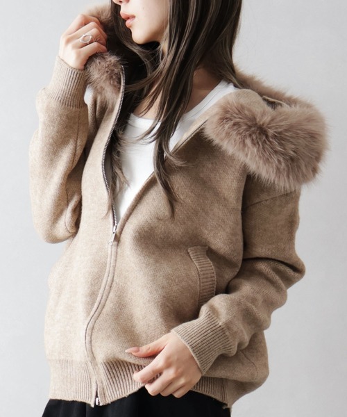 SPRAY | ファー付ニットロングジップパーカー - Buyee, an Online