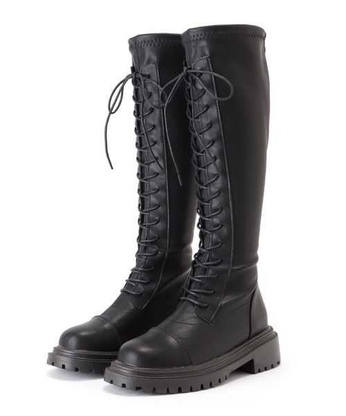 LACE LADIES | 厚底 編み上げロングブーツ レースアップ - Buyee