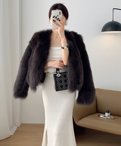 RITZY | ノーカラー ショート丈 フェイクファーコート - Buyee, an
