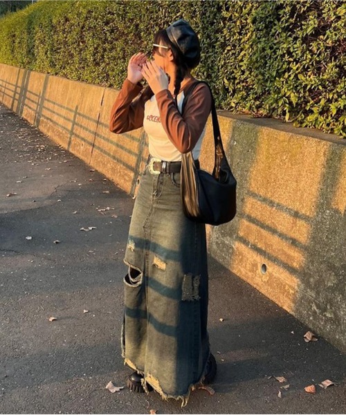 ☆スカパン デニム ダメージ フリル リメイク スリット タイトスカート