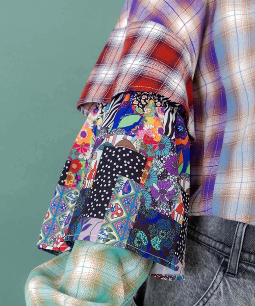 SCOLAR | 153687：チェックと総柄のアシメパッチワークシャツ - Buyee