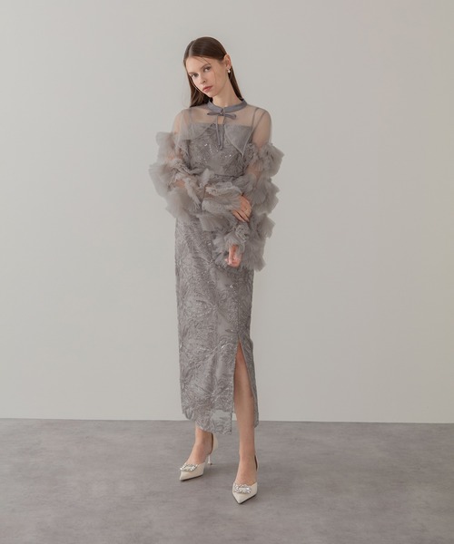 【新品】Leja オープンショルダーチュールストーンIラインワンピースドレス S セール】【LEJA】オープンショルダーチュールストーンIラインドレス