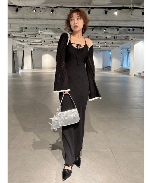 LILY BROWN シフォンドッキング ニットワンピース ブラック｜lilly