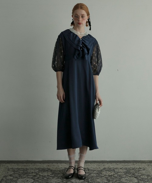 2wayリボンシアーラッフルブラウス＆レース切替キャミパンツドレス SET