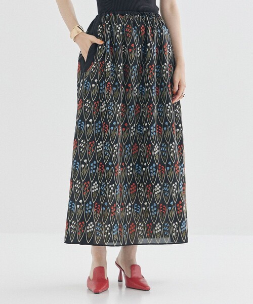 UJOH×LOKITHO 美品 Embroidery  Flare Skirt Women's Embroidered Skirt, Elastic Waist Skirt, Maxi Skirt