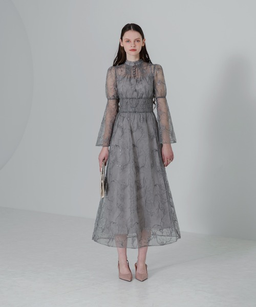 LejaチェックスパンコールリボンパフスリーブウエストマークAライン