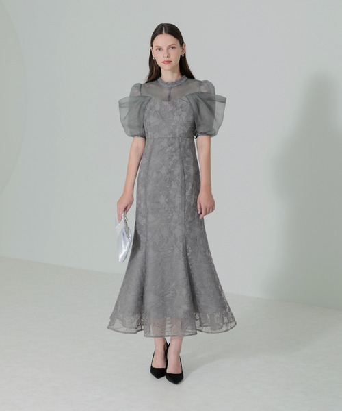 LEJA】スパンコール花柄刺繍ソフトパフスリーブマーメイドラインドレス