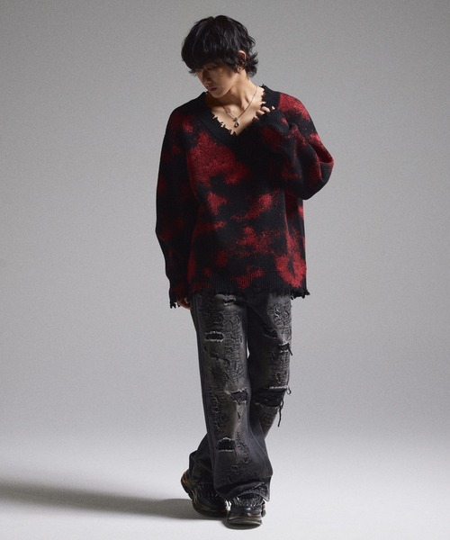 GRANCY | 【GRANCY】Spray Damaged V-neck Wool Knit / スプレー