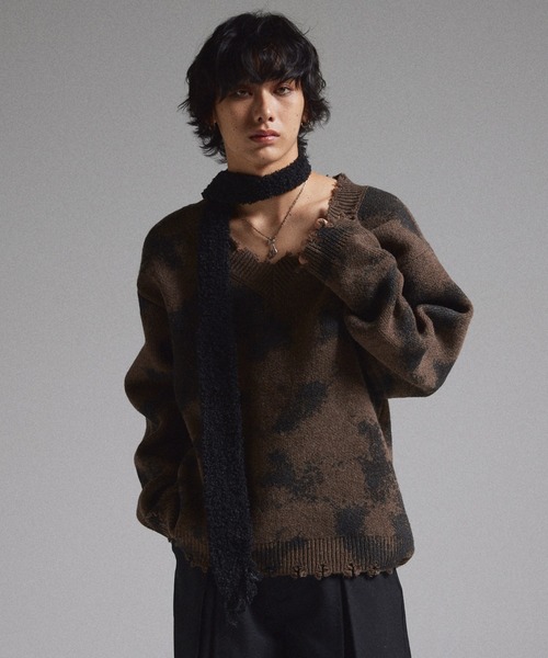 GRANCY | 【GRANCY】Spray Damaged V-neck Wool Knit / スプレー