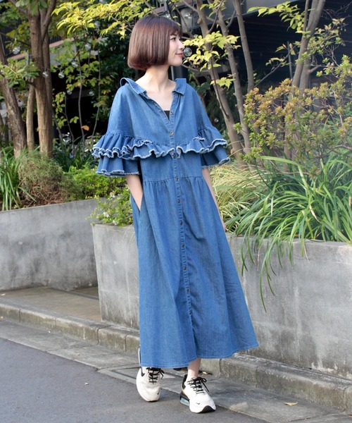 ブルー系 M 希少 Avie デニムフリルワンピース ロングワンピース レディースブルー系m 11 700 Tk1803axs0468 Com