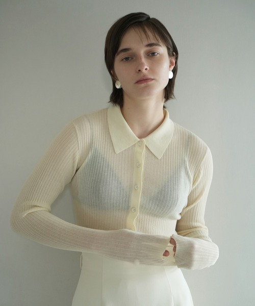 CLANE VELOR COLLAR KNIT TOPS CLANE | SHEER RIB KNIT SHIRTS