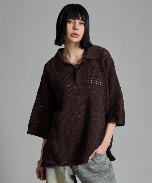VELNUS | 【VELNUS】Watermark knitting loose Half Sleeve knit polo
