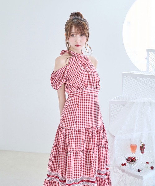 Rose Muse ribbon pattern pleated dress S Rose Muse ribbon pattern