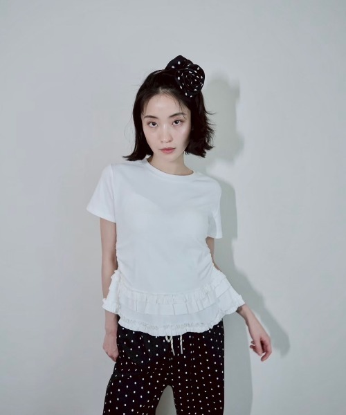 EGLANTINE | EGLANTINE オーガンジー切替5分袖ロゴカットソー